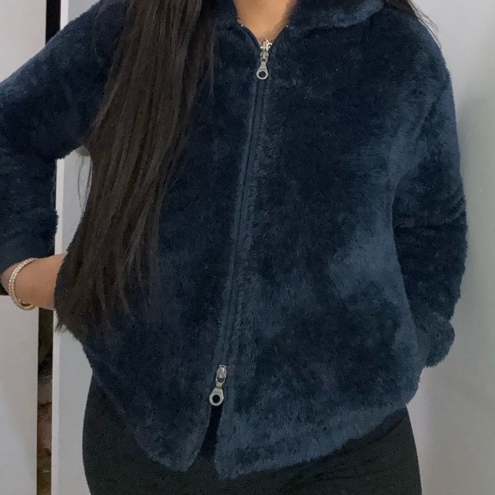 Sherpa Faux Fur Fuzzy Dark Blue Jacket
